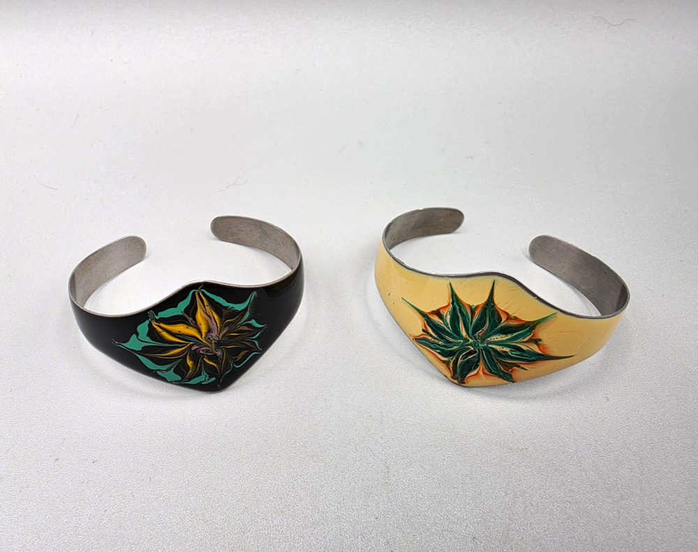 Stainless Steel Enamel Floral Cuff Bracelets Multicolor Signed Sheffield England